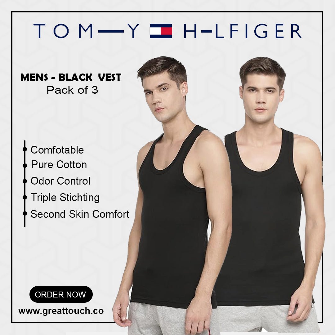 T - H Mens Black Premium Quality Classic Vest Pack of 3 - Great Touch